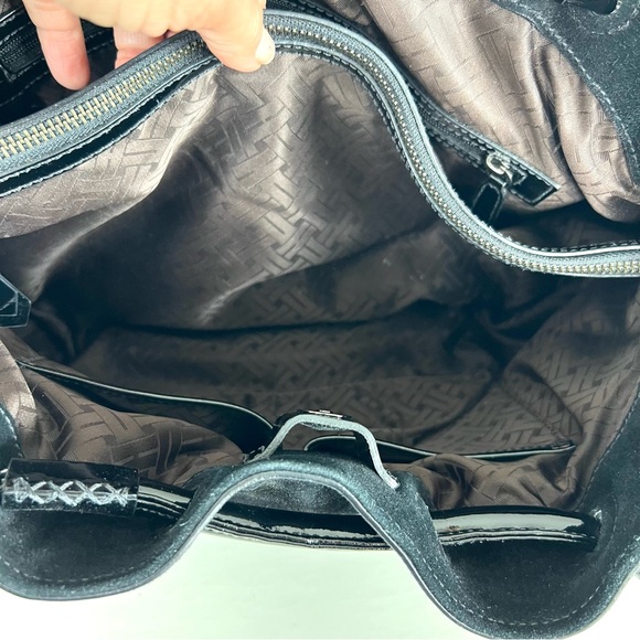 COLE HAAN Black Suede w Patent Leather Side Buckle Pockets Shoulder Bag Tote - Picture 10 of 14